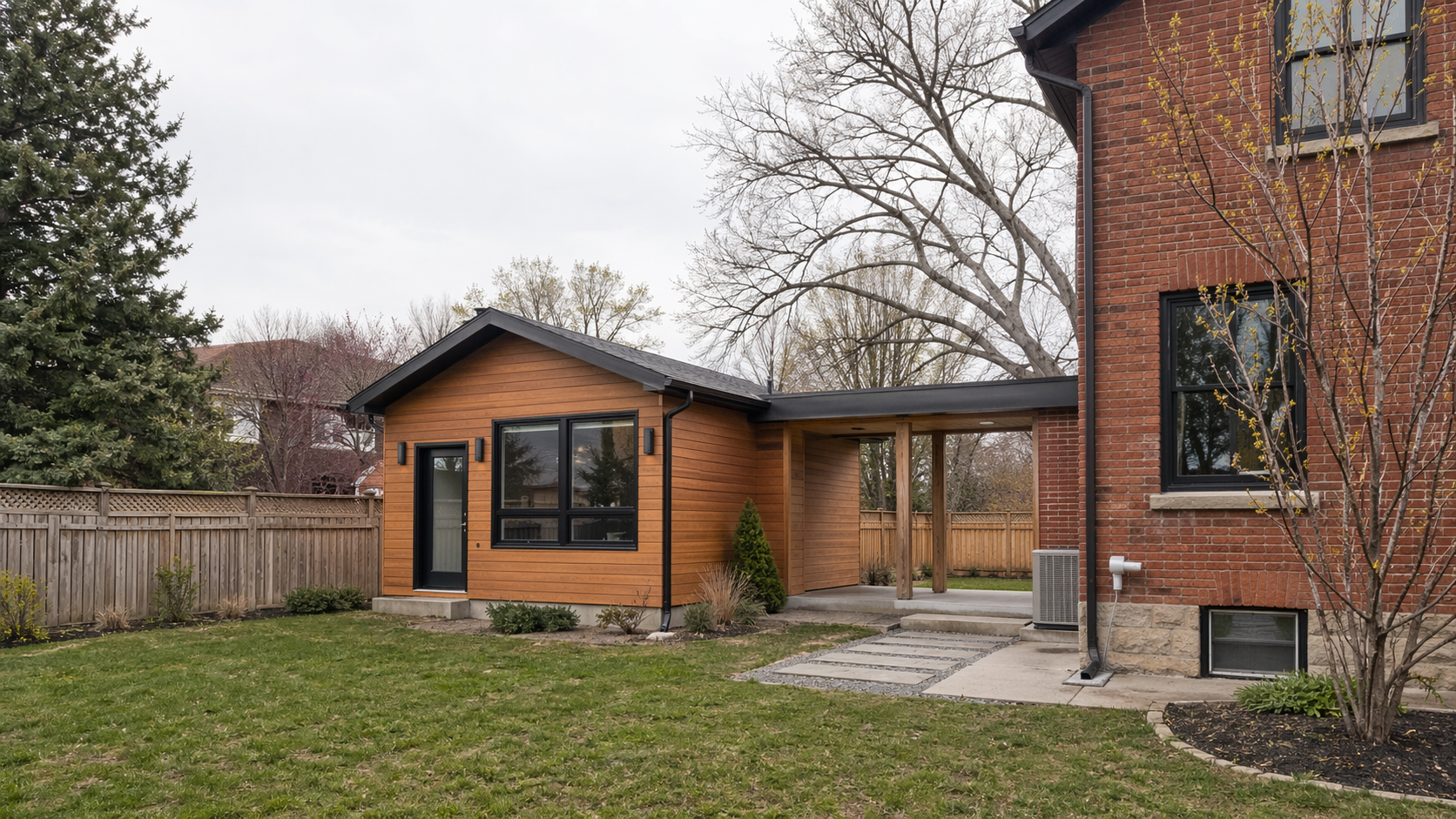 A detached backyard additional residential unit behind a London Ontario house